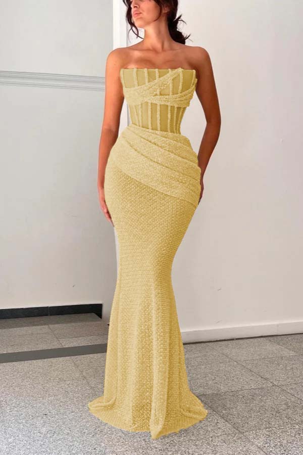 Silver Strapless Sleeveless Sequined Mermaid Ruffled Floor Length Formal Evening Gown