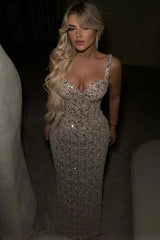 Silver Sweetheart Sleeveless Beaded Sequined Bodycon Floor Length Formal Evening Gown