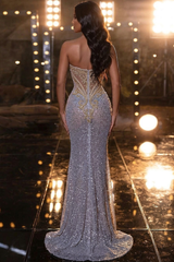 Silver Sweetheart Sleeveless Mermaid Sequined Beaded Floor Length Formal Evening Gown