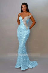 Light blue v-neck sequin mermaid evening dress