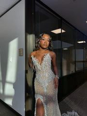 Silver White Mermaid Prom Dress Deep V Neck Spaghetti Straps 3D Floral Applique Crystal Fringe Tassel Sheer Rhinestone Beaded Split Front Cathedral Train Gown