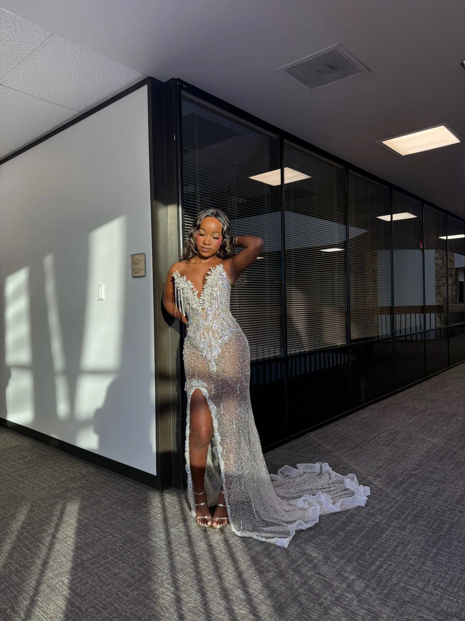 Silver White Mermaid Prom Dress Deep V Neck Spaghetti Straps 3D Floral Applique Crystal Fringe Tassel Sheer Rhinestone Beaded Split Front Cathedral Train Gown