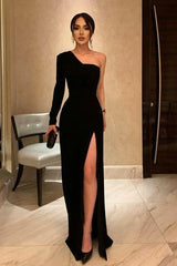 Simple Black Formal One Shoulder Slit Long Prom Evening Dresses