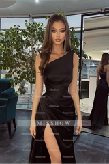 Black one shoulder ruffled mermaid prom dress