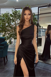 Simple Black Long One Shoulder Slit Mermaid Prom Evening Dresses