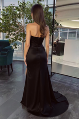 Simple Black Long One Shoulder Slit Mermaid Prom Evening Dresses
