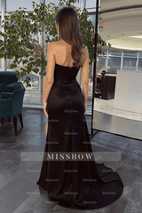 Simple Black Long One Shoulder Slit Mermaid Prom Evening Dresses