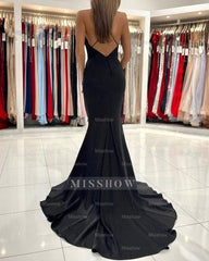 Simple Black Long Spaghetti Straps Mermaid Prom Evening Dresses