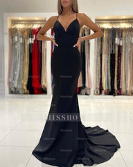 Simple Black Long Spaghetti Straps Mermaid Prom Evening Dresses