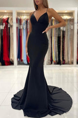 Simple Black Long Spaghetti Straps Mermaid Prom Evening Dresses
