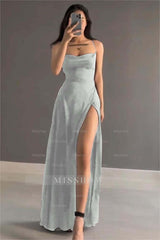 Simple Black Stain Spaghetti Strap Sleeveless Long Formal Dress With Split