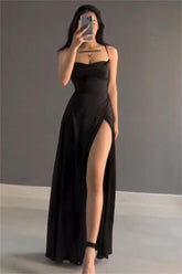 Simple Black Stain Spaghetti Strap Sleeveless Long Formal Dress With Split