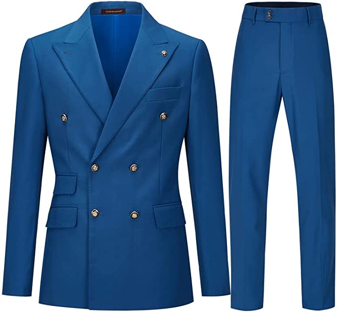 Simple Blue Double Breasted Peaked Lapel Prom Outfit
