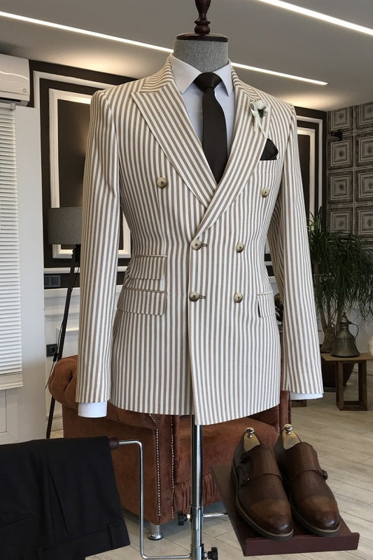 Simple Coffee Striped Double-Breasted Peaked Lapel Business Suit