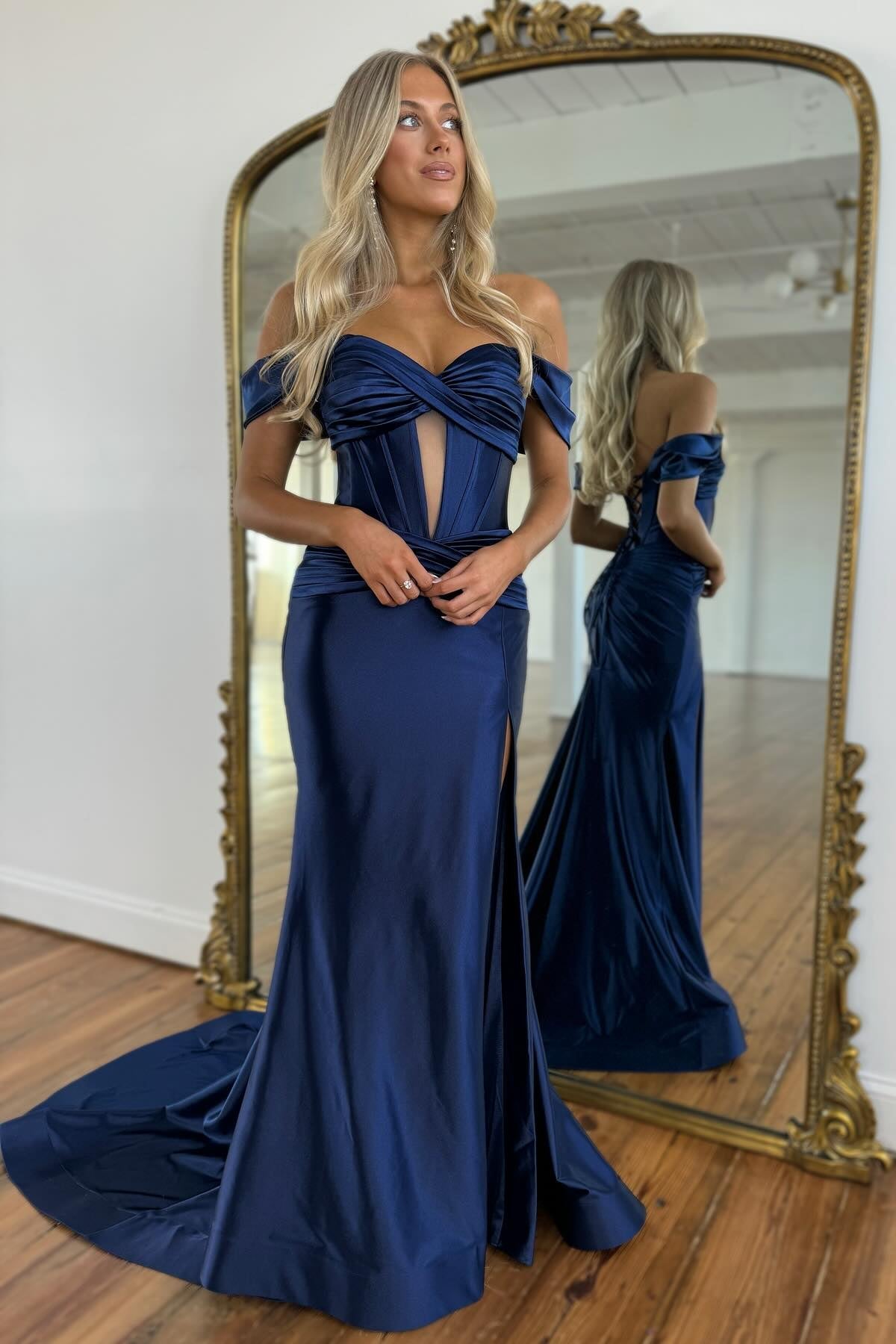 Simple Dark Navy Off-The-Shoulder Sweetheart Satin Column Prom Dress with Split