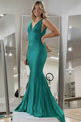 Simple Deep V-Neck Sleeveless Backless Long Mermaid Formal Dress with Appliques
