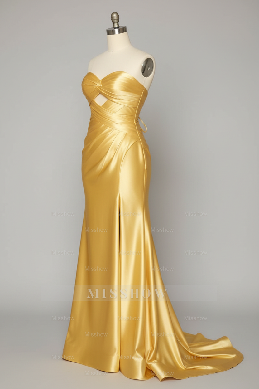 Simple Golden Yellow Satin Prom Dress with Cutout Bodice and High Slit