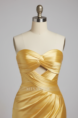 Simple Golden Yellow Satin Prom Dress with Cutout Bodice and High Slit