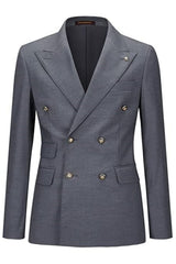 Simple Gray Double Breasted Peaked Lapel Business Suit