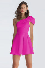 Simple Ivory A-Line One Shoulder Short Satin Homecoming Dress