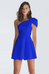 Simple Ivory A-Line One Shoulder Short Satin Homecoming Dress