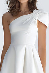 Simple Ivory A-Line One Shoulder Short Satin Homecoming Dress