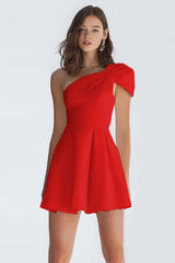 Simple Ivory A-Line One Shoulder Short Satin Homecoming Dress