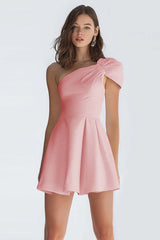 Simple Ivory A-Line One Shoulder Short Satin Homecoming Dress