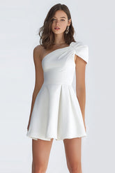 Simple Ivory A-Line One Shoulder Short Satin Homecoming Dress