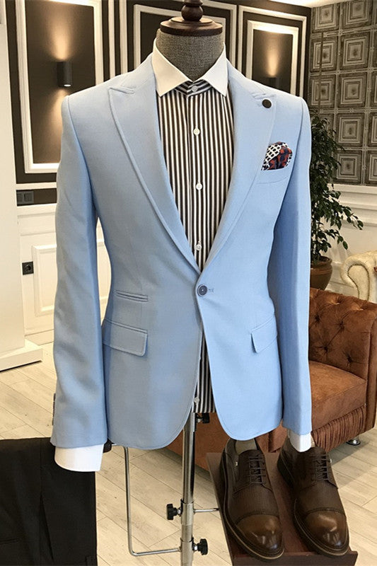 Simple Light Blue Peaked Lapel Prom Suit For Men