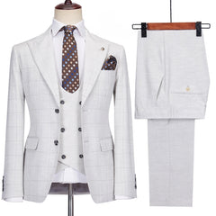 Simple Light Gray Peak Lapel Three-Piece Plaid Prom Suit