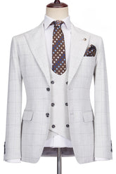 Simple Light Gray Peak Lapel Three-Piece Plaid Prom Suit