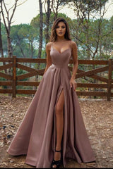Simple Long A-line V-neck Satin Evening Dresses with Slit