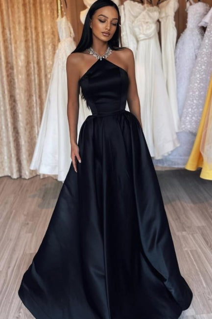 Simple Long Black A-line Halter Satin Sleeveless Prom Evening Dresses