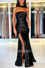 Simple Long Black Mermaid Strapless Satin Prom Evening Dresses with Slit