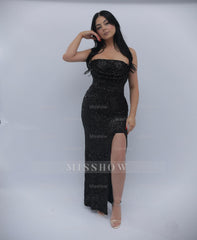 Simple Long Black Mermaid Strapless Sleeveless Formal Dress with Slit and Sequins