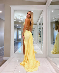 Simple Long Daffodil Halter Sleeveless Mermaid Prom Dress with Slit