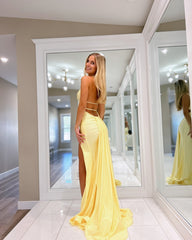 Simple Long Daffodil Halter Sleeveless Mermaid Prom Dress with Slit
