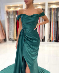 Simple Long Dark Green Off-the-shoulder Slit Mermaid Prom Evening Dresses