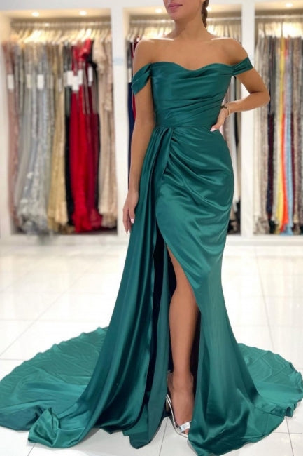 Simple Long Dark Green Off-the-shoulder Slit Mermaid Prom Evening Dresses