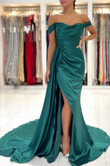 Simple Long Dark Green Off-the-shoulder Slit Mermaid Prom Evening Dresses
