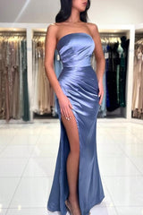 Simple Long Dusty Blue Mermaid Satin Sleeveless Prom Evening Dresses With Slit