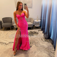 Simple Long Fuchsia Mermaid Strapless Prom Dress with Slit
