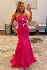 Simple Long Fuchsia Mermaid Strapless Satin Prom Dress with Bows