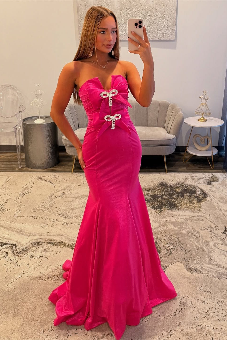 Fuchsia strapless bow mermaid prom dress