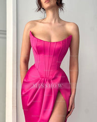 Simple Long Fuchsia Sexy Sleeveless Satin Prom Dress With Slit