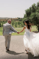 Simple Long Ivory A-line Straps Tulle Sleeveless Wedding Dress with Slit