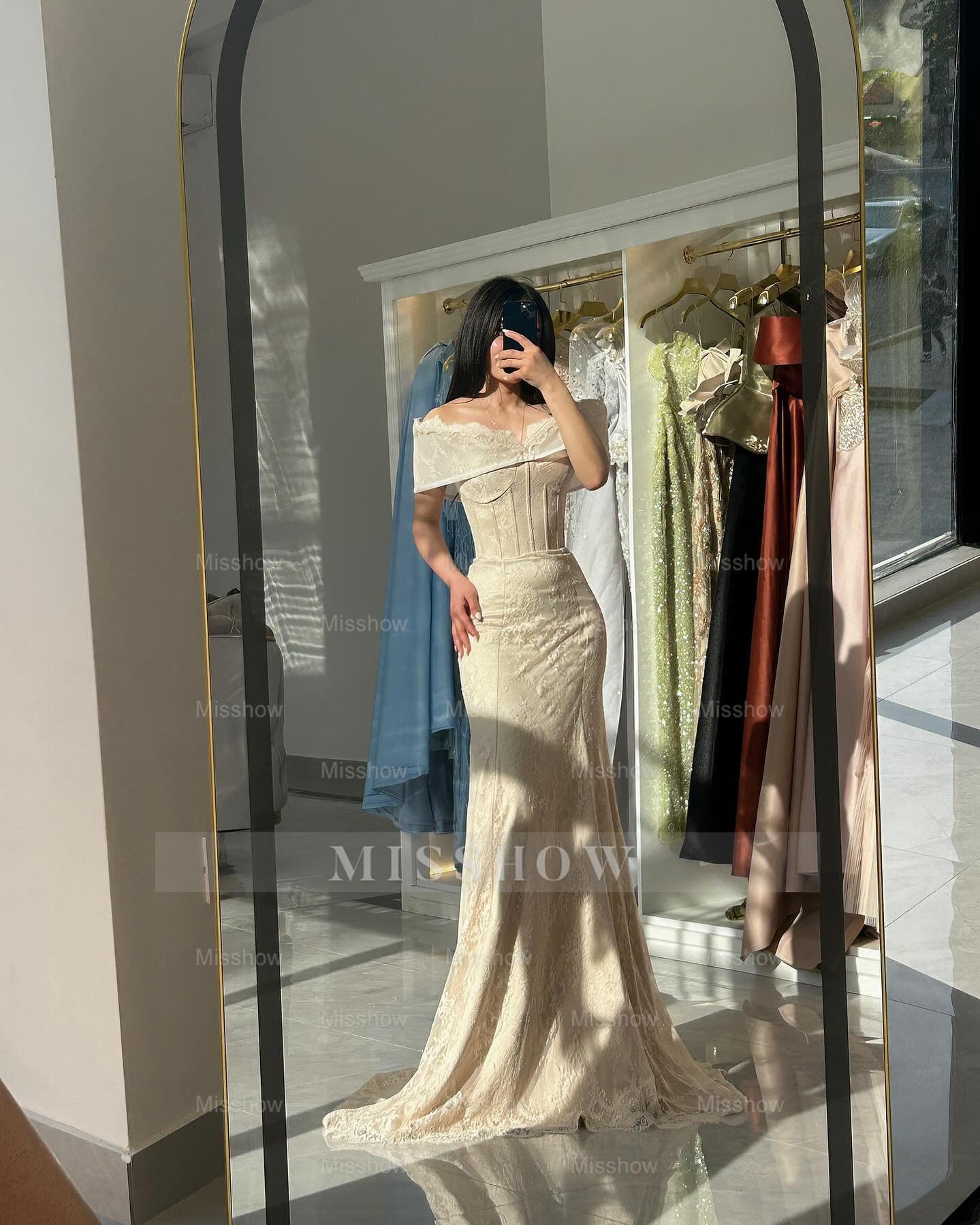 Simple Long Ivory Mermaid Off-The-Shoulder Sleeveless Formal Dress with Appliques