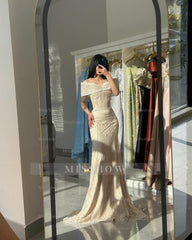 Simple Long Ivory Mermaid Off-The-Shoulder Sleeveless Formal Dress with Appliques
