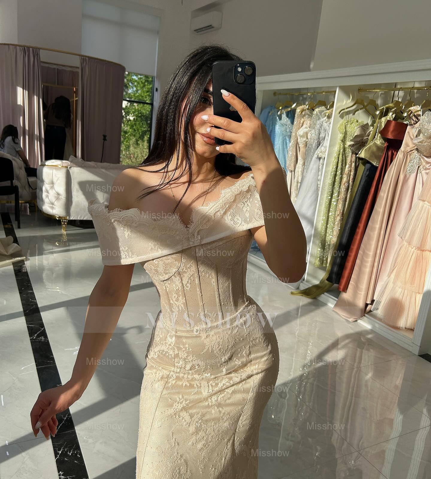 Simple Long Ivory Mermaid Off-The-Shoulder Sleeveless Formal Dress with Appliques